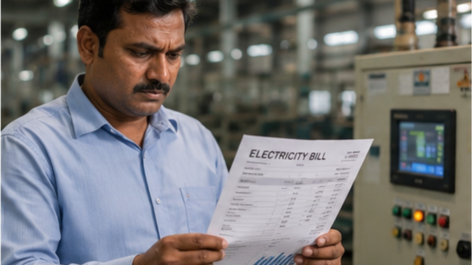 Indian factory manager reviewing high electricity and cooling costs