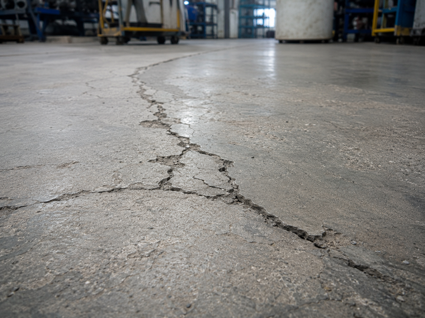 Crack running through an industrial concrete floor