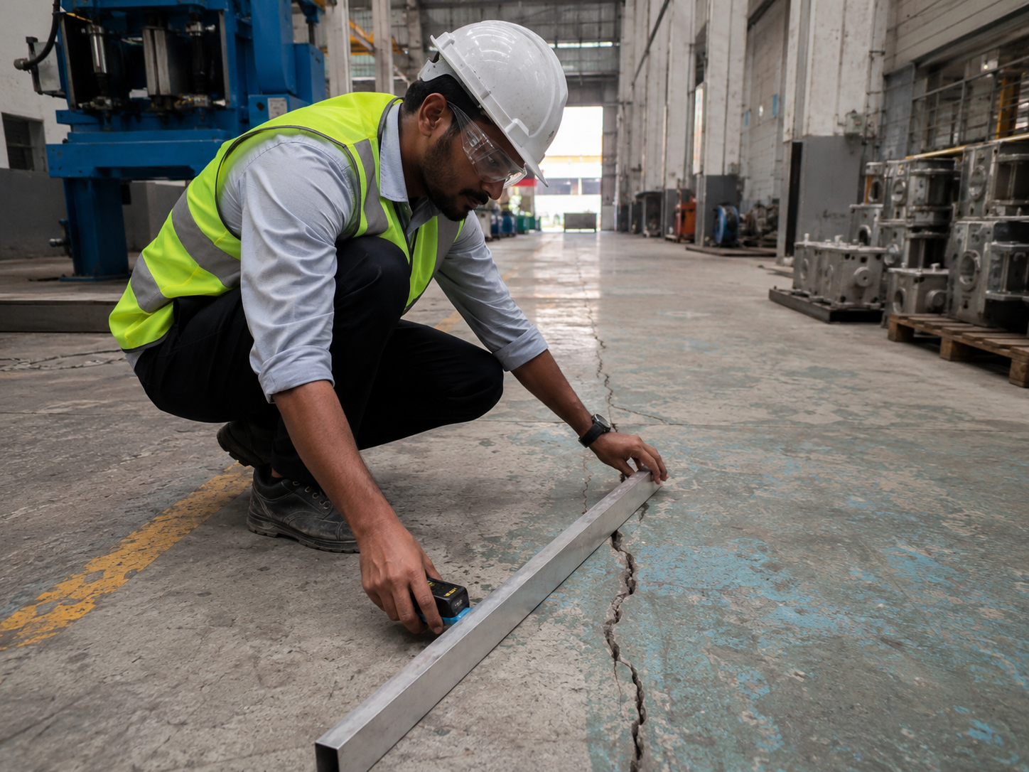 Floorzy technician inspecting a concrete floor crack in Bangalore