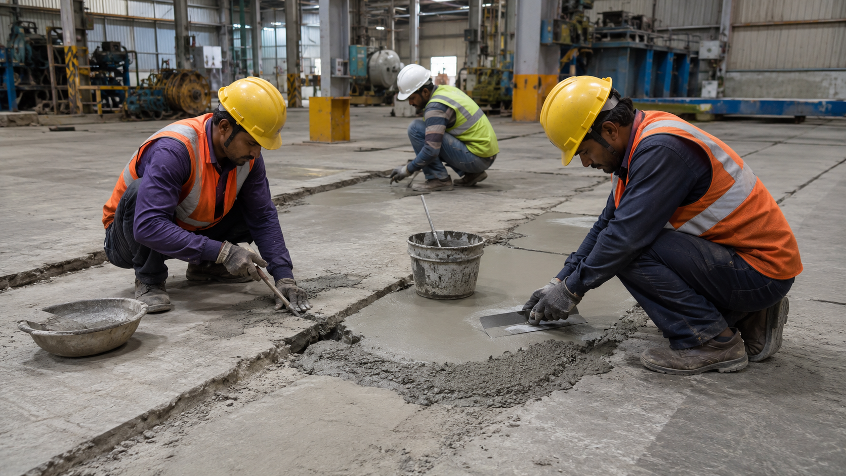 Industrial concrete crack and joint repair work in progress