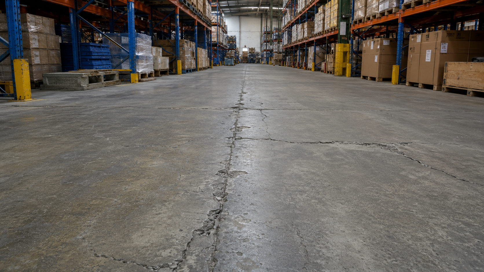 Warehouse concrete floor with cracks and damaged joints before repair