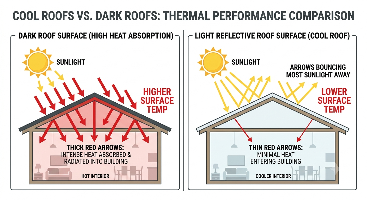 Bar chart comparing solar reflectance and typical use case across ten Indian roof cooling systems