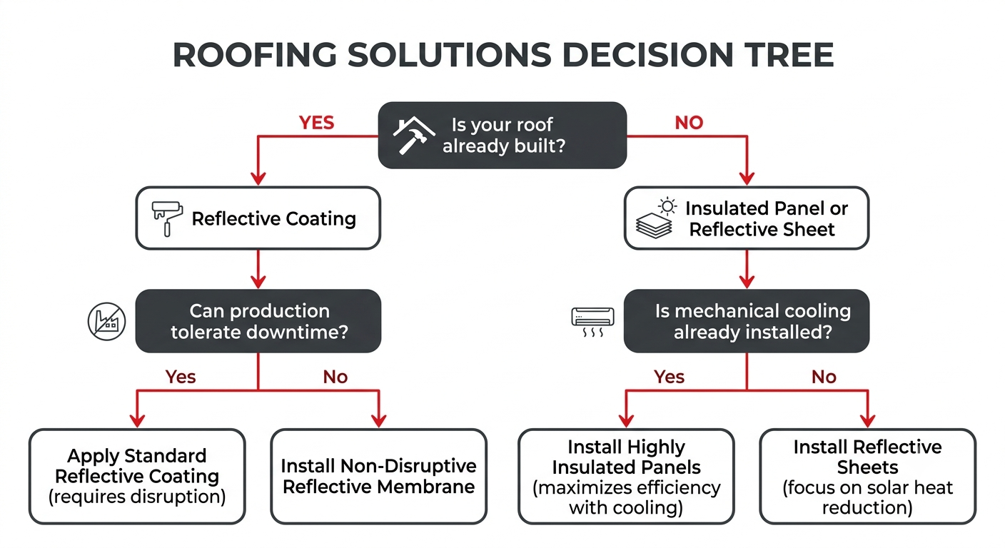 Flowchart helping building owners choose between a reflective coating, insulated panel, or reflective sheet based on whether their roof is existing or new