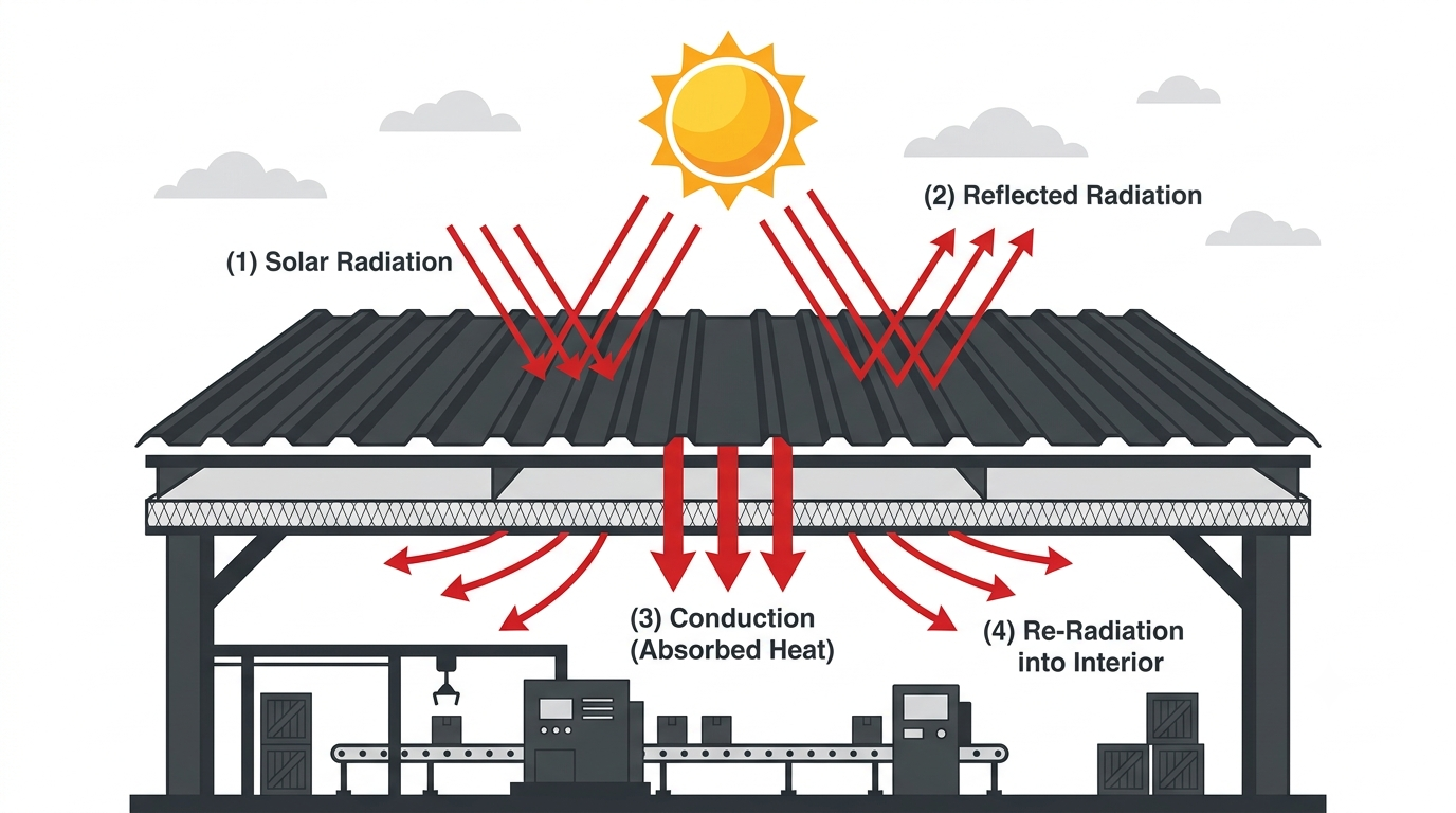 Diagram showing solar radiation striking an industrial roof, with arrows for absorption, reflection, conduction and re-radiation into the building interior