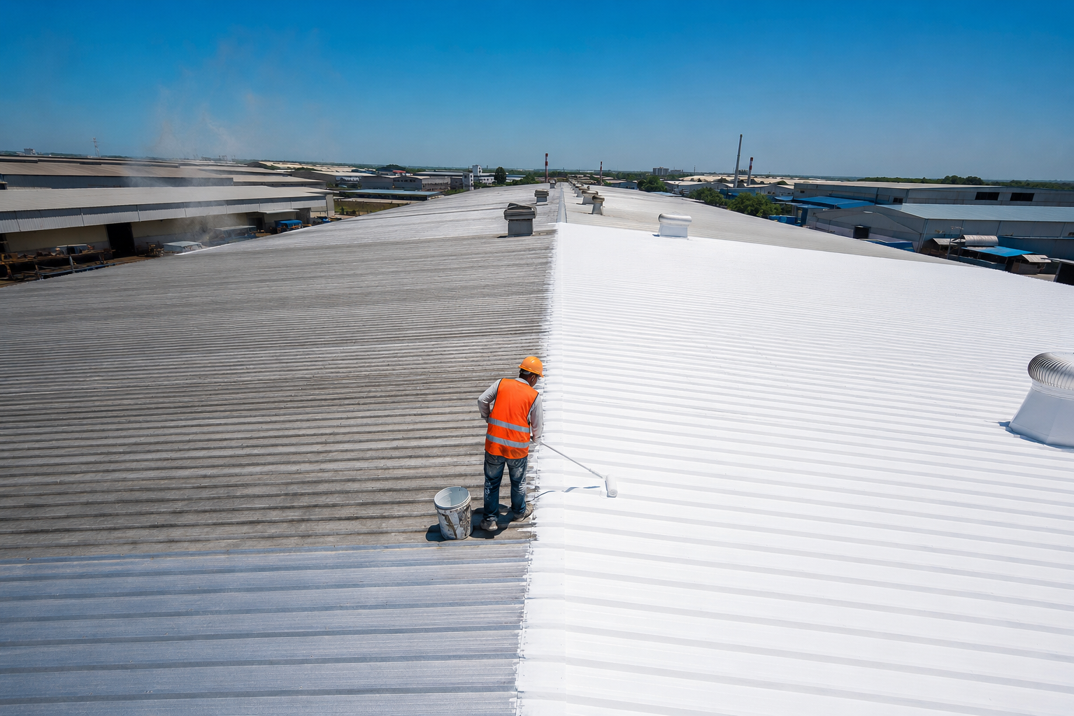 Heat Lock solar-reflective roof coating being applied on an industrial factory roof by Floorzy