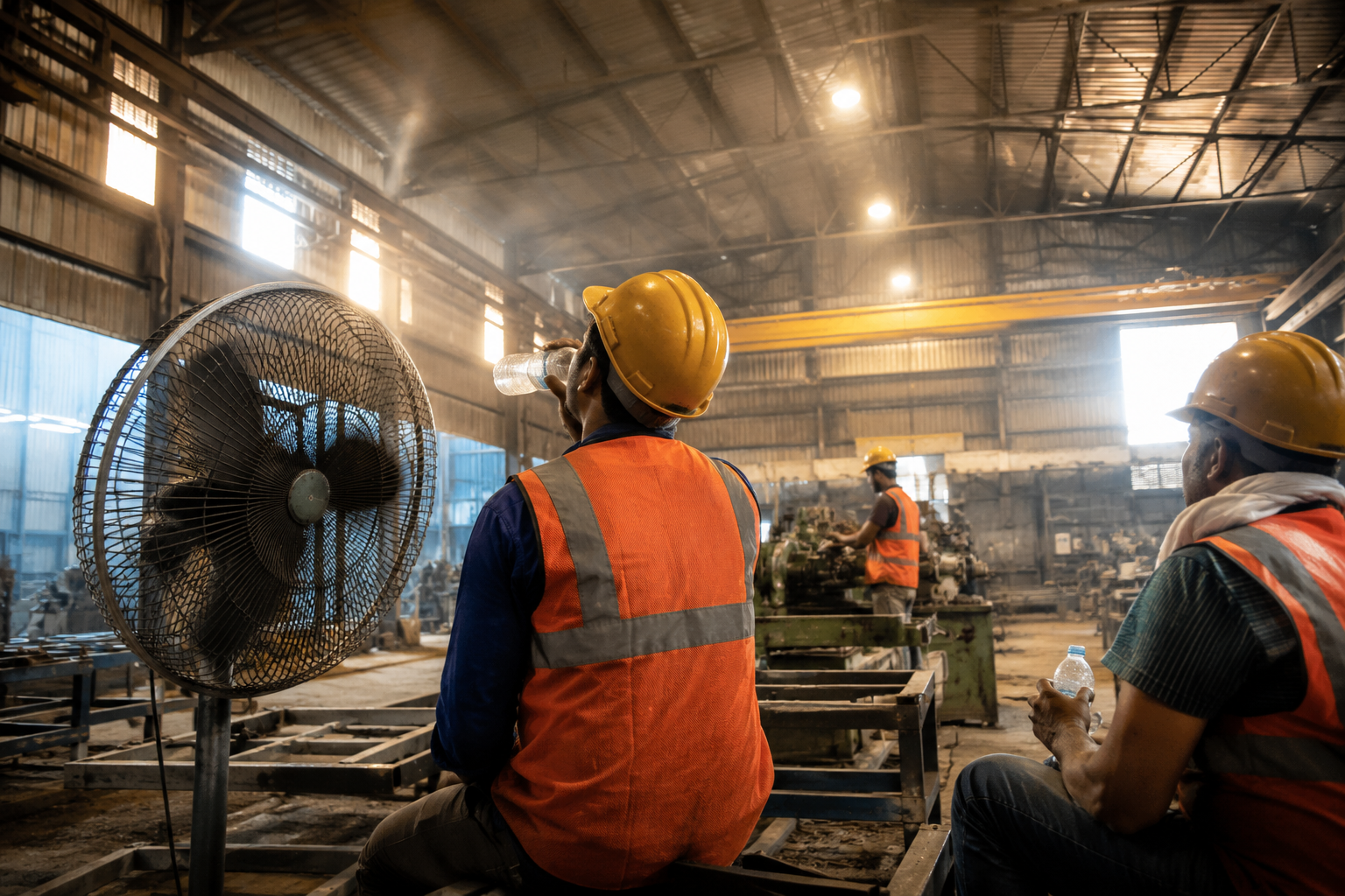 Factory workers affected by extreme industrial roof heat during Indian summer