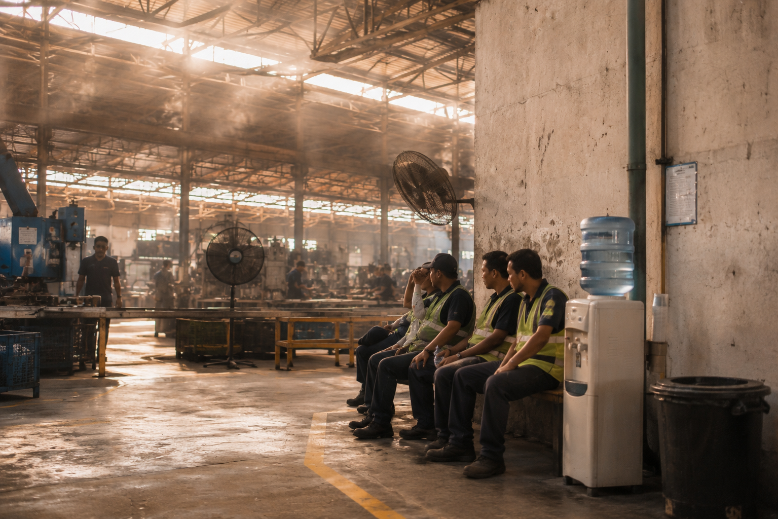 Factory worker comfort measures including ventilation, hydration, and roof heat reduction