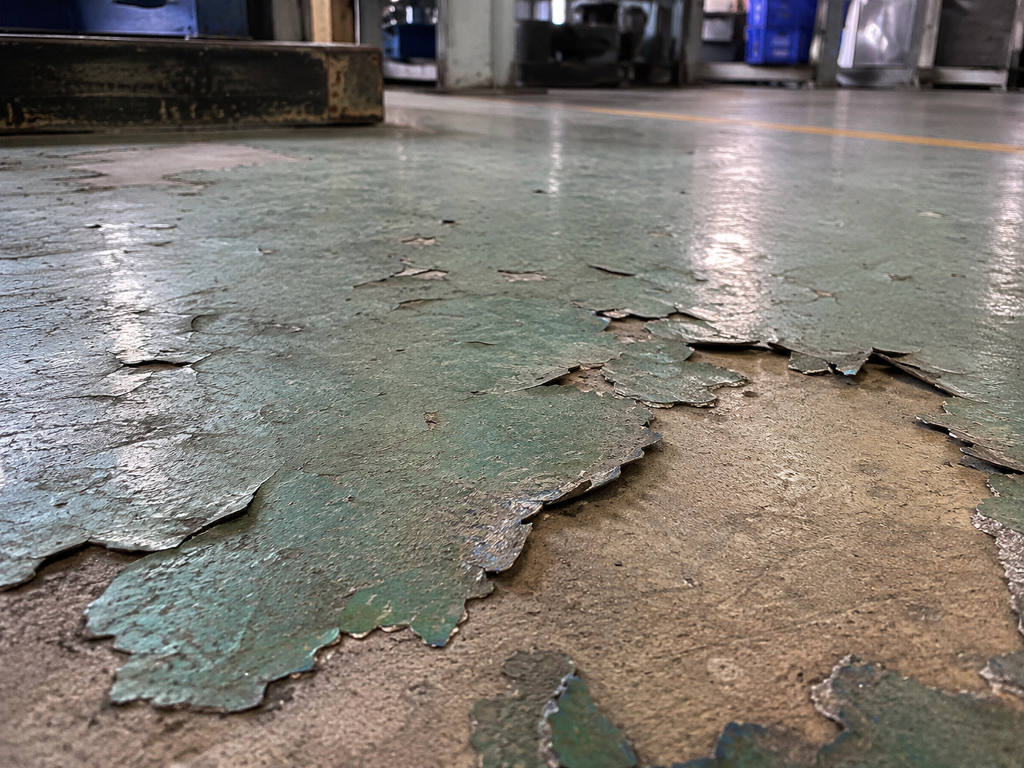 Peeling and flaking epoxy coating with exposed industrial concrete