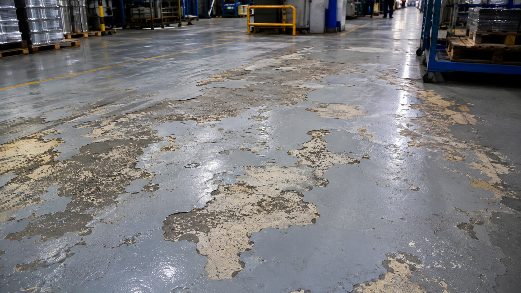 Worn epoxy coating along a heavy-traffic forklift route