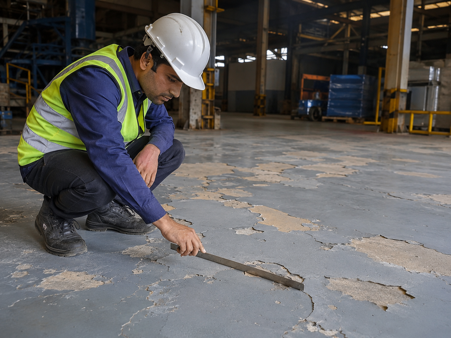 Floorzy technician inspecting a failed epoxy floor in Bangalore