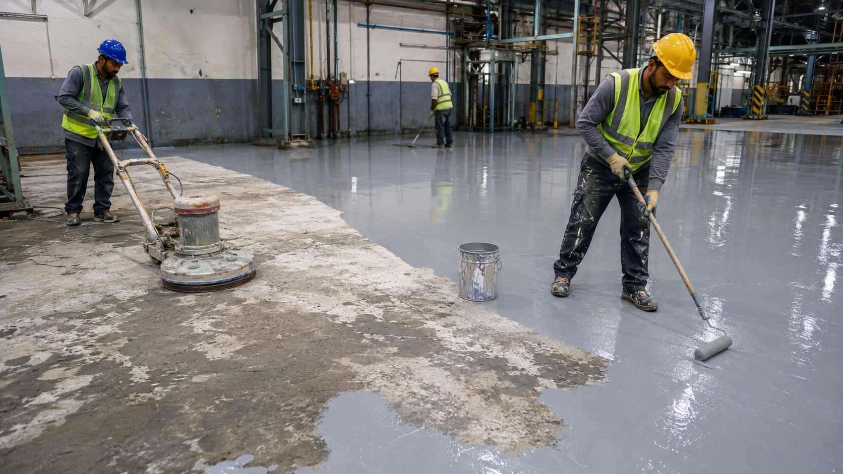 Industrial epoxy floor preparation and recoating work in progress