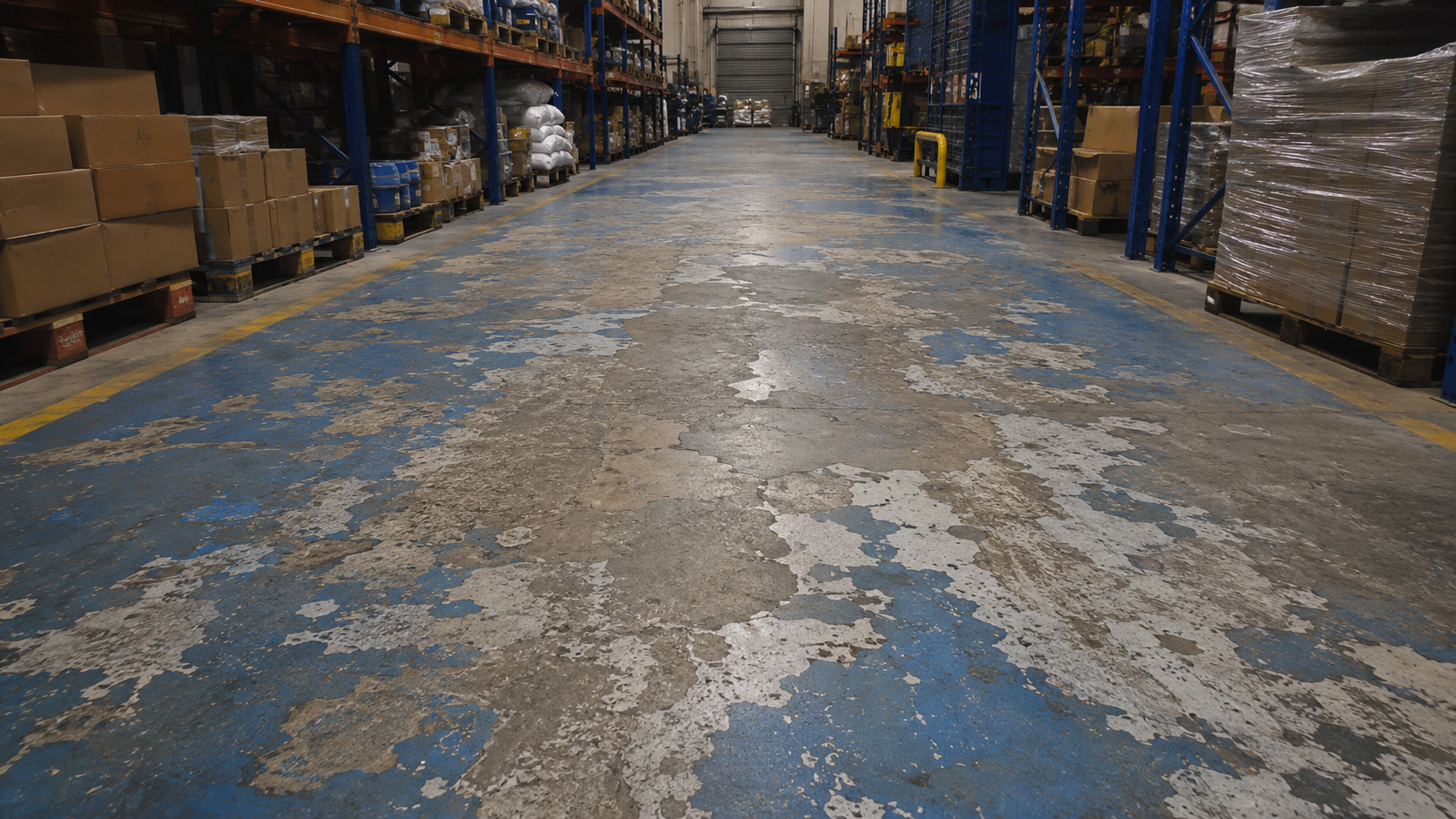 Worn and failed industrial epoxy floor before repair