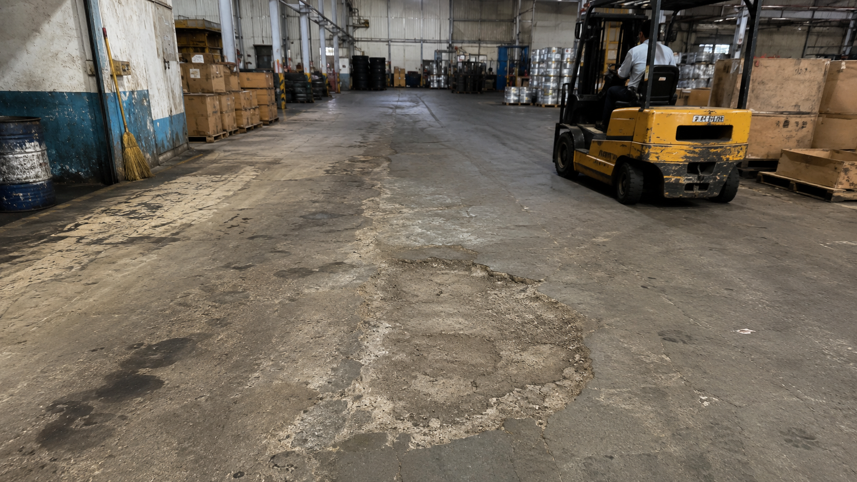 Floorzy technician inspecting level variation in an industrial concrete floor