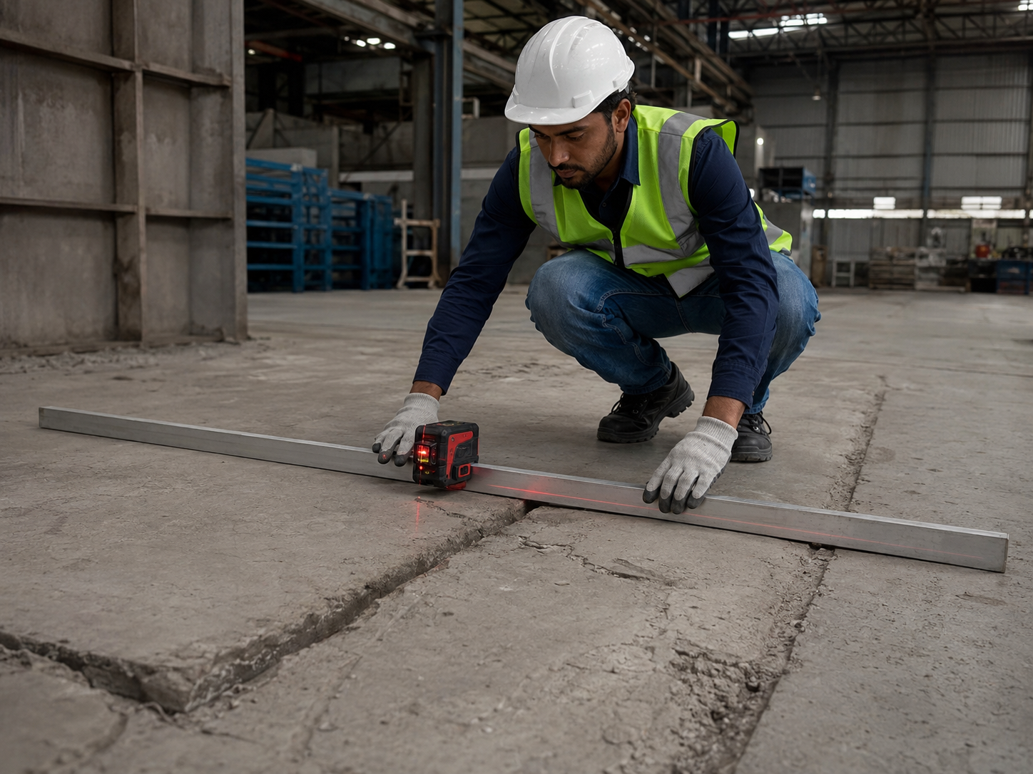 Damaged forklift travel route on a factory floor