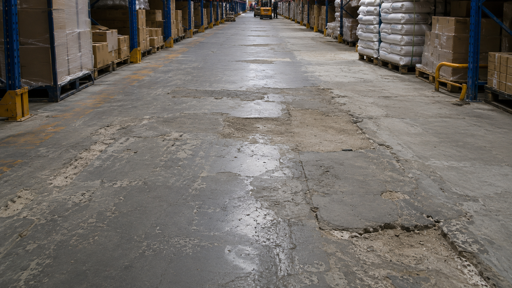 Industrial floor repair and levelling system being applied after surface preparation