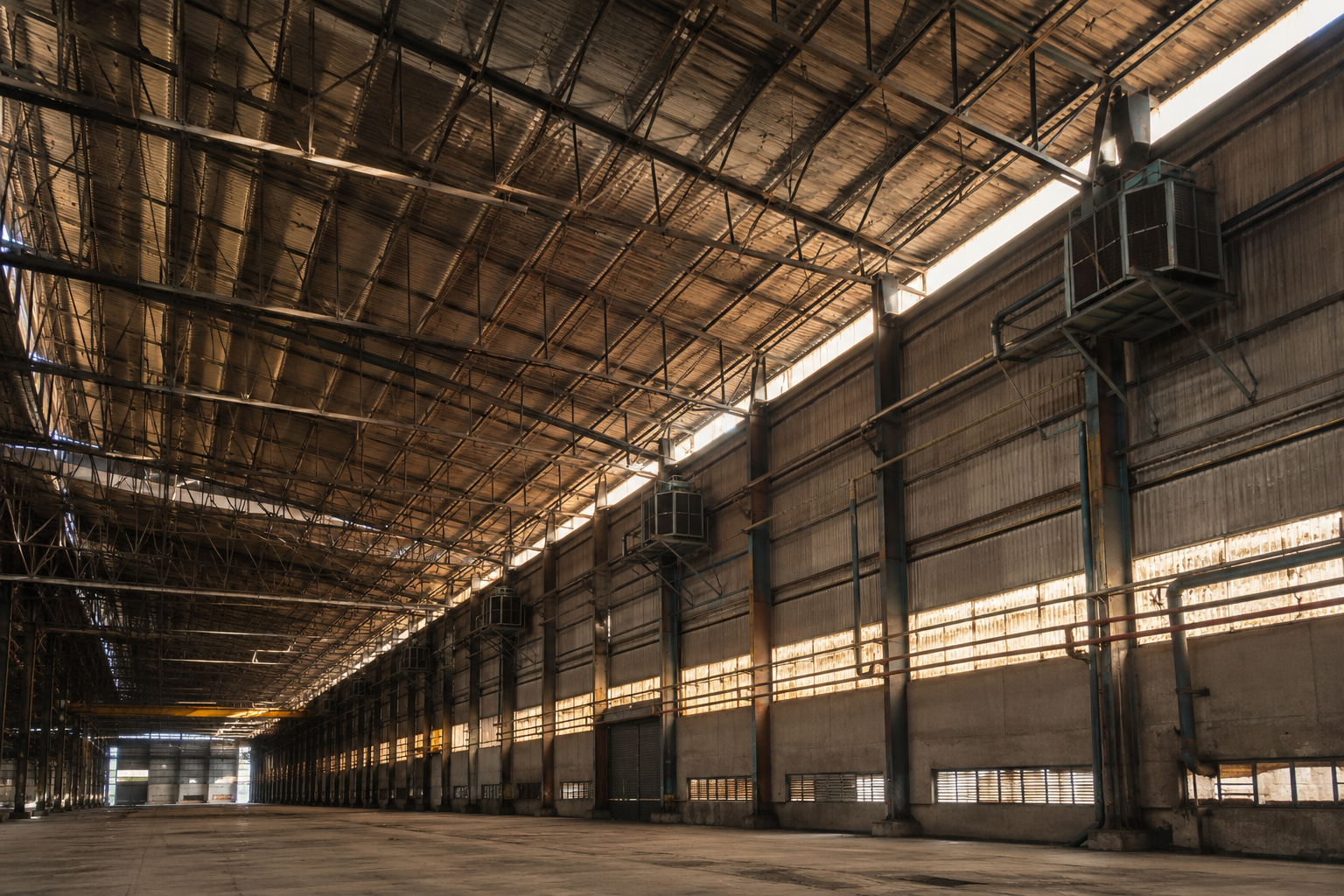 Large factory interior showing the scale challenge of cooling industrial buildings