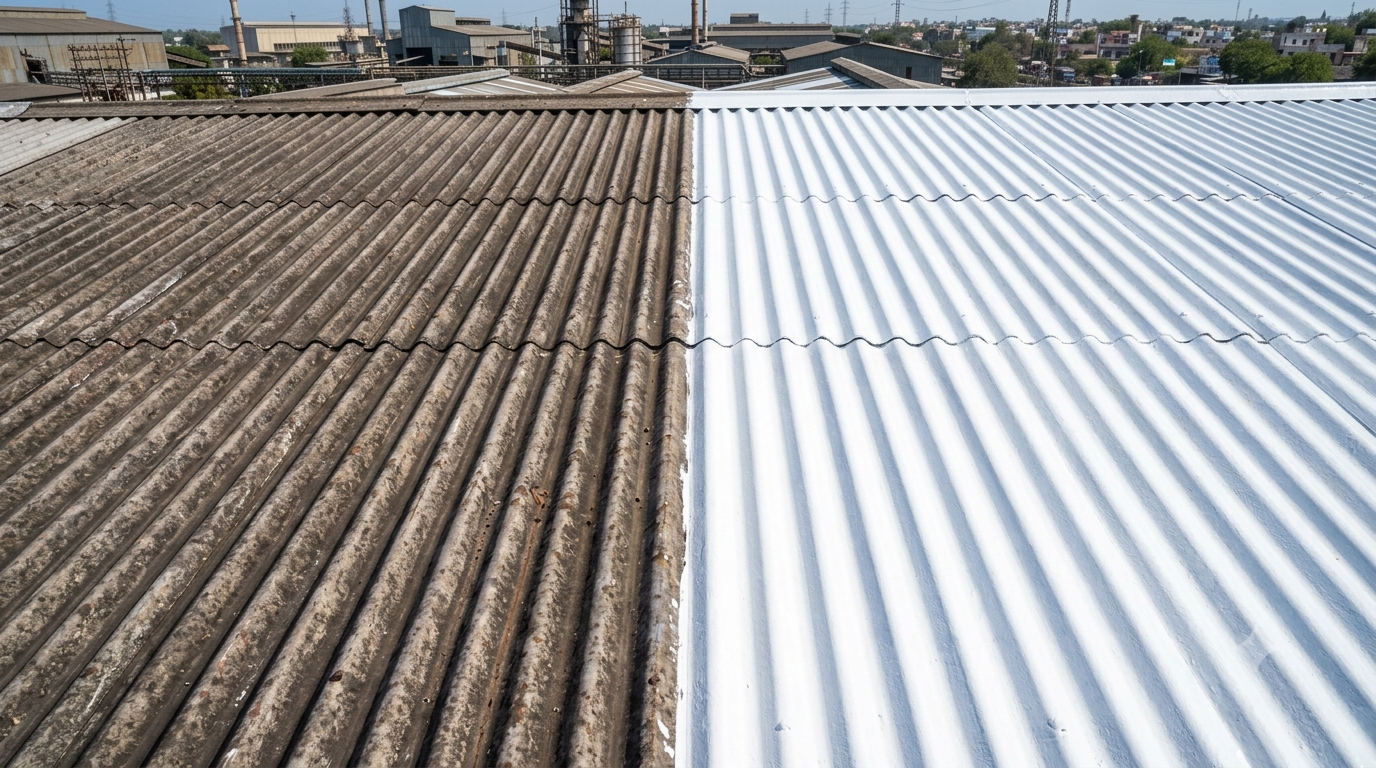 Heat reflective coating applied on industrial metal roof in India — showing the surface transformation achieved by an engineered cool roof coating system