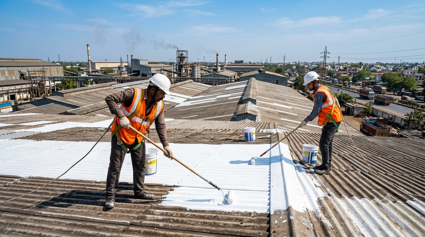 Workers applying heat reflective roof coating on large industrial factory roof in India — expert comparison of best roof cooling coatings