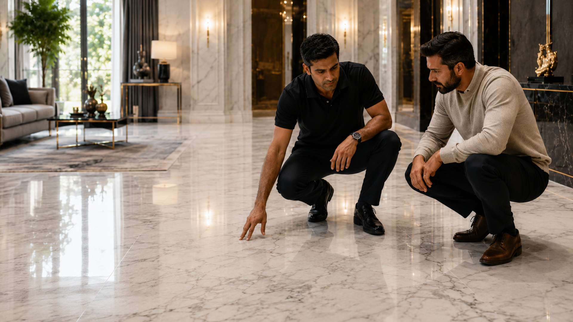 Italian marble floor being assessed for scratches and etch marks