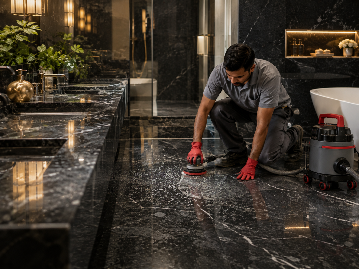 Dark black marble with hard-water treatment and protection