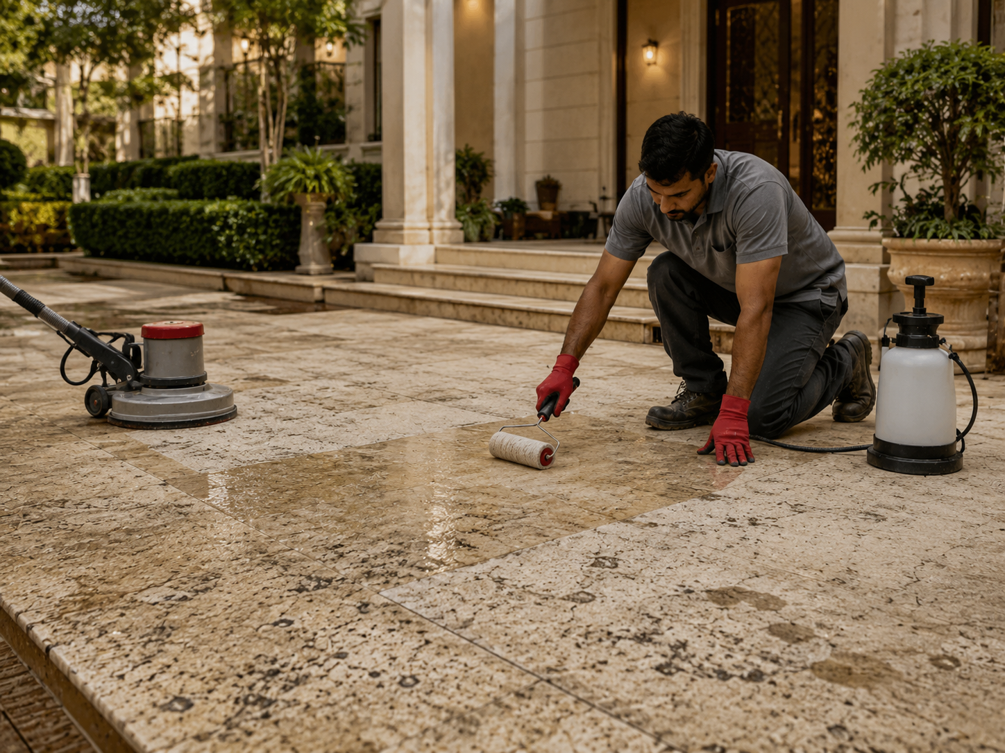 Damaged marble floor with local crack and joint repair requirement