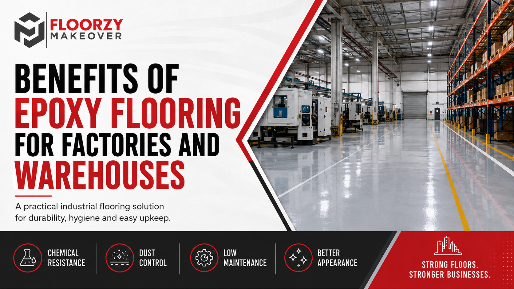 Heavy duty industrial flooring system for warehouse traffic by Floorzy Makeover