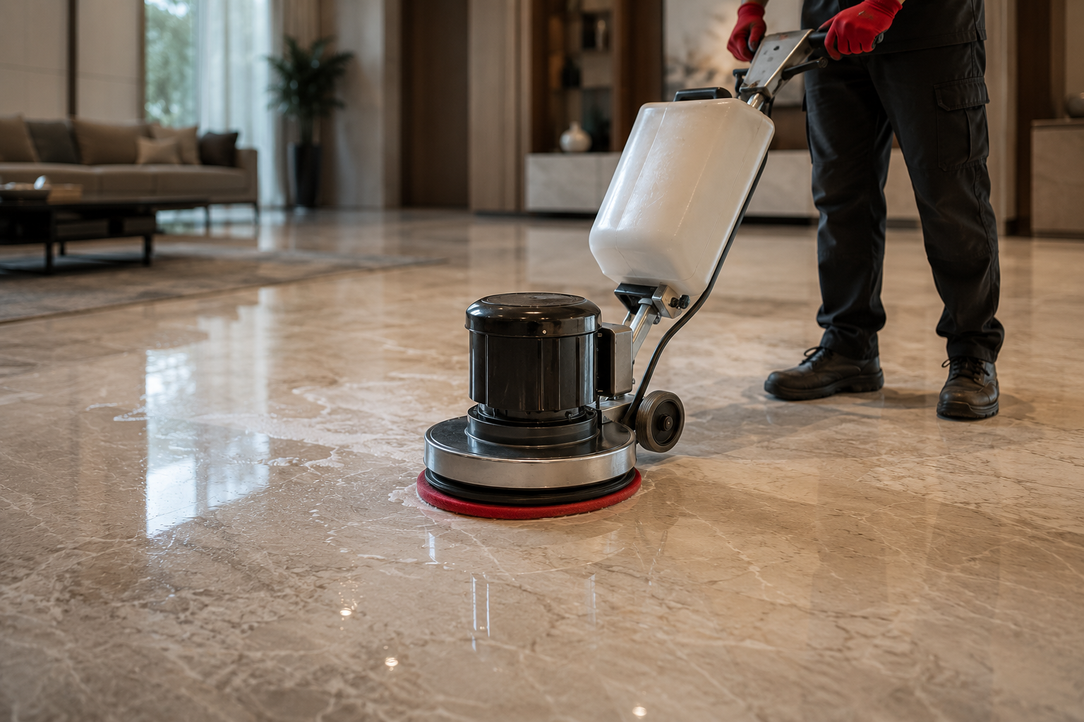 Professional marble polishing machine in use